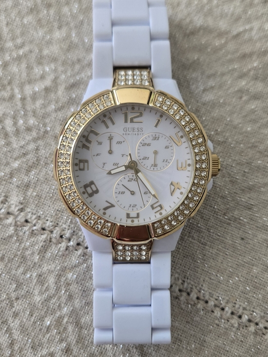 Guess Accessories - GUESS Women's White and Gold Crystal-Accent Silicone Watch